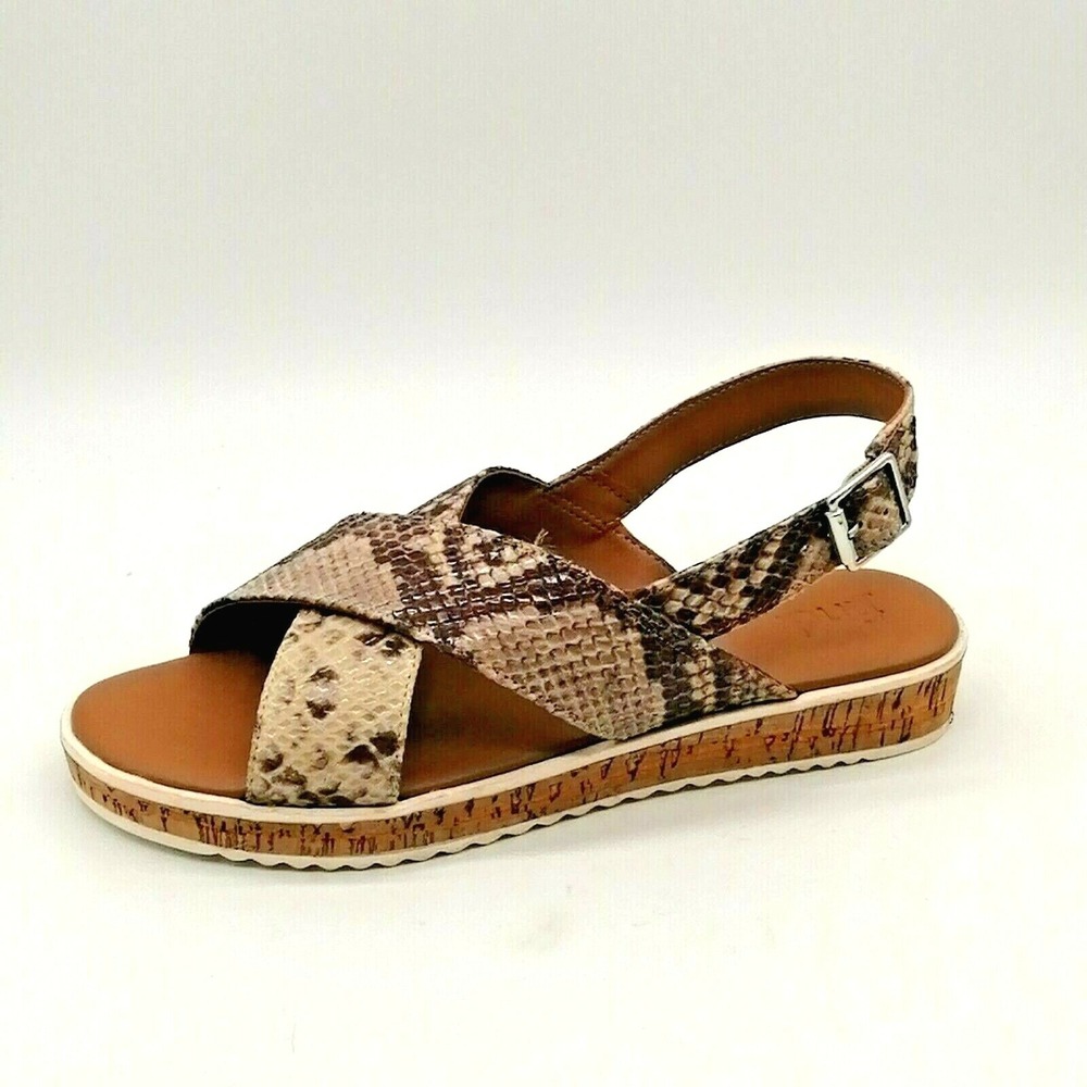 Find Shoes Womens Wedge Ankle Strap Sandal Cushioned Beige Snake Skin 7 NEW